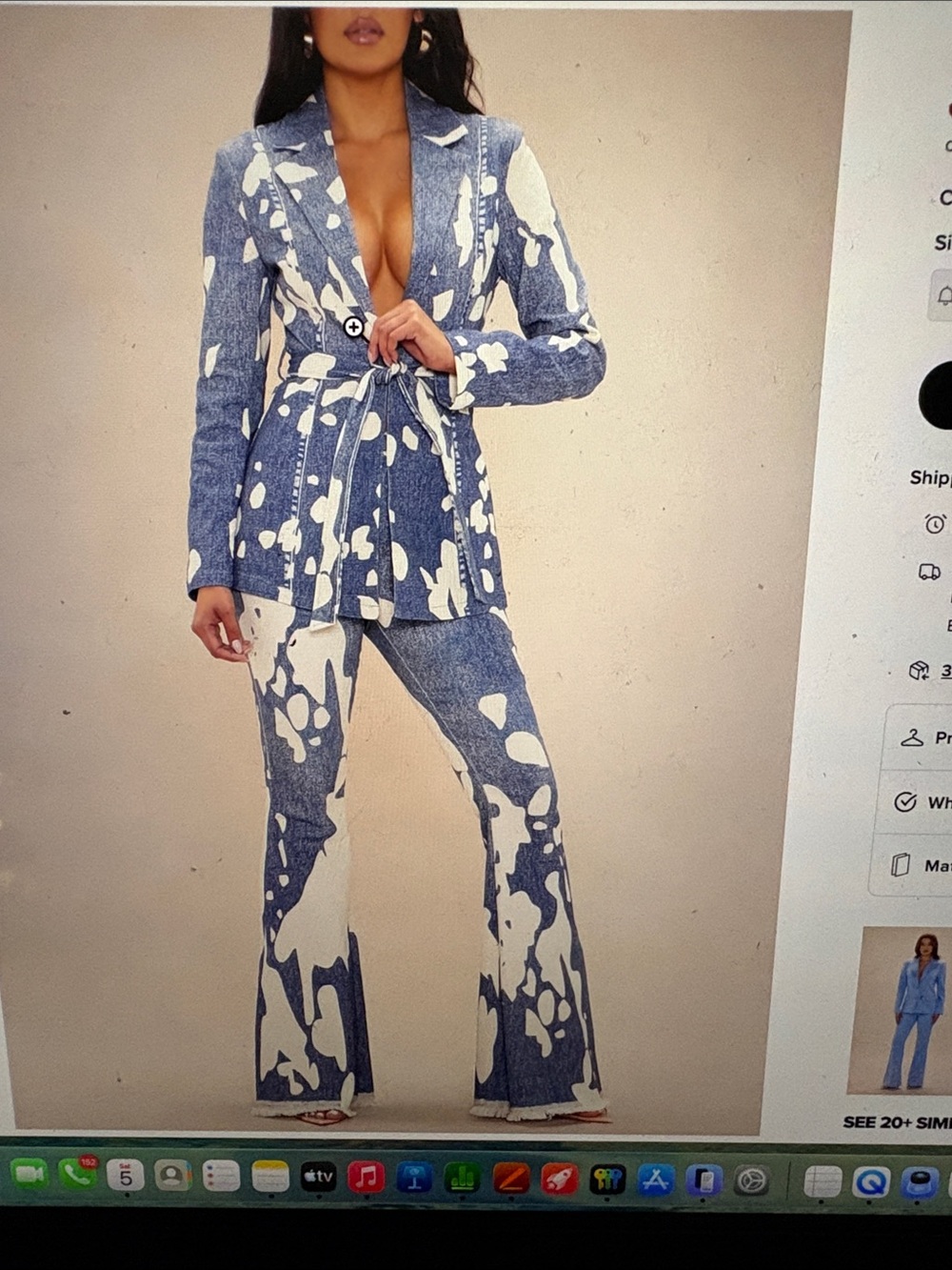 Blue & White Patterned Blazer and Flare Pants Set - Women